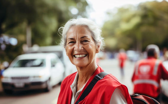 Woman wearing red safety vest and smiling