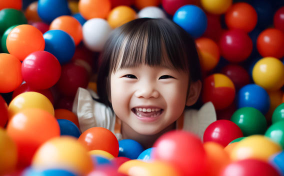 Child playing surrounded by colorful plastic balls
