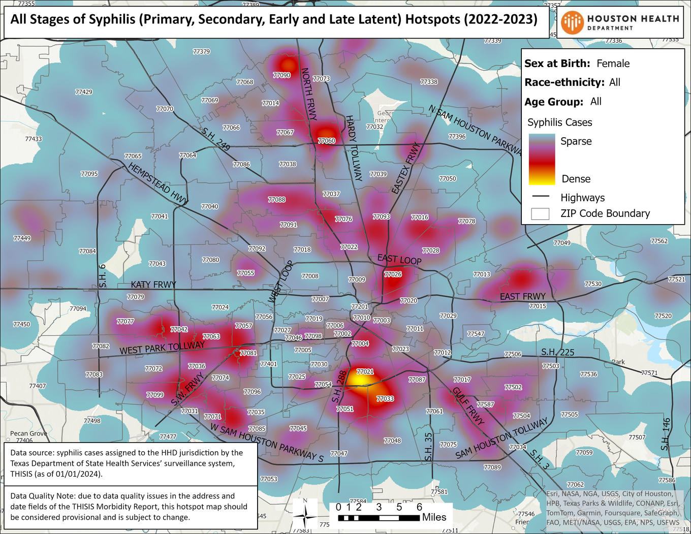 All Stage of Syphilis(Primary, Secondary, Early and Late Latent) Hotspots (2022-2023). Sex at birth: Female